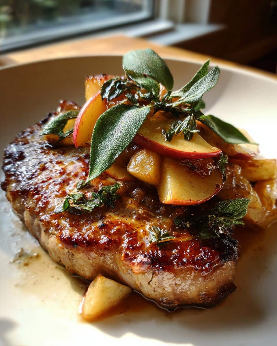 Close-up of a juicy Apple Sage Pork Chop topped with sautéed apples, fresh sage leaves, and thyme.