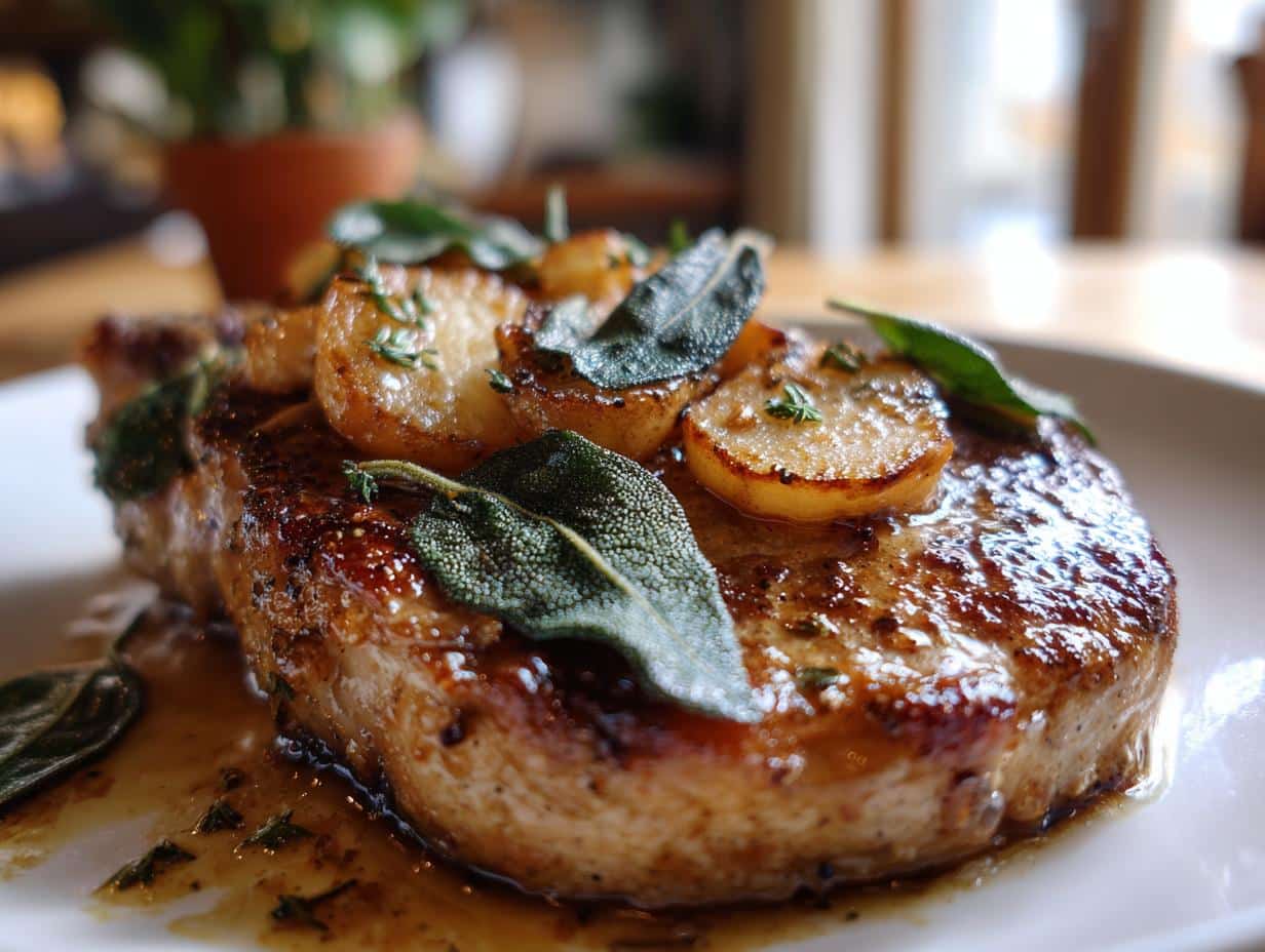 Close-up of a perfectly cooked Apple Sage Pork Chops, garnished with fresh sage leaves and apple slices.
