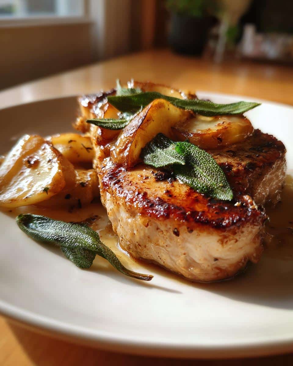Close-up of two juicy Apple Sage Pork Chops on a white plate, garnished with fresh sage leaves and caramelized apples.