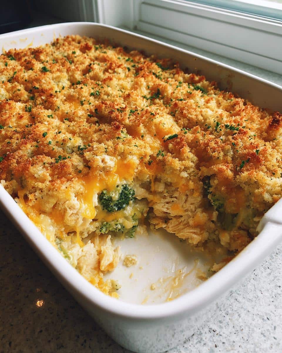 Irresistible 5-Ingredient Cheesy Broccoli Chicken Casserole 2 A golden-brown Cheesy Broccoli Chicken Casserole in a white baking dish with a scoop taken out, showing melted cheese and broccoli.