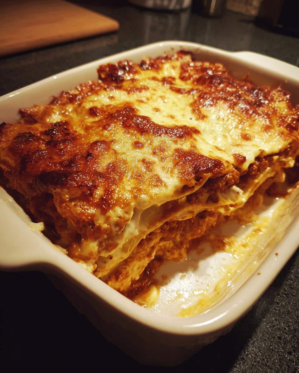 A close-up of a freshly baked lasagna in a white baking dish, showing golden-brown Cheesy Meat Sauce Lasagna Layers.