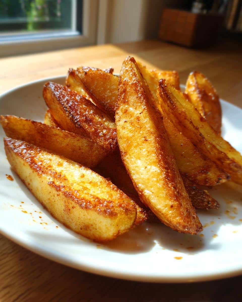 A close-up shot of a plate filled with golden brown, perfectly seasoned Baked Crispy Potato Wedges, glistening in natural light.