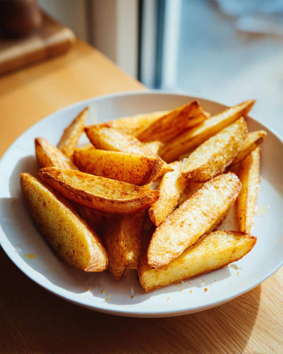 A white plate filled with perfectly golden and seasoned Baked Crispy Potato Wedges, sitting on a wooden table.
