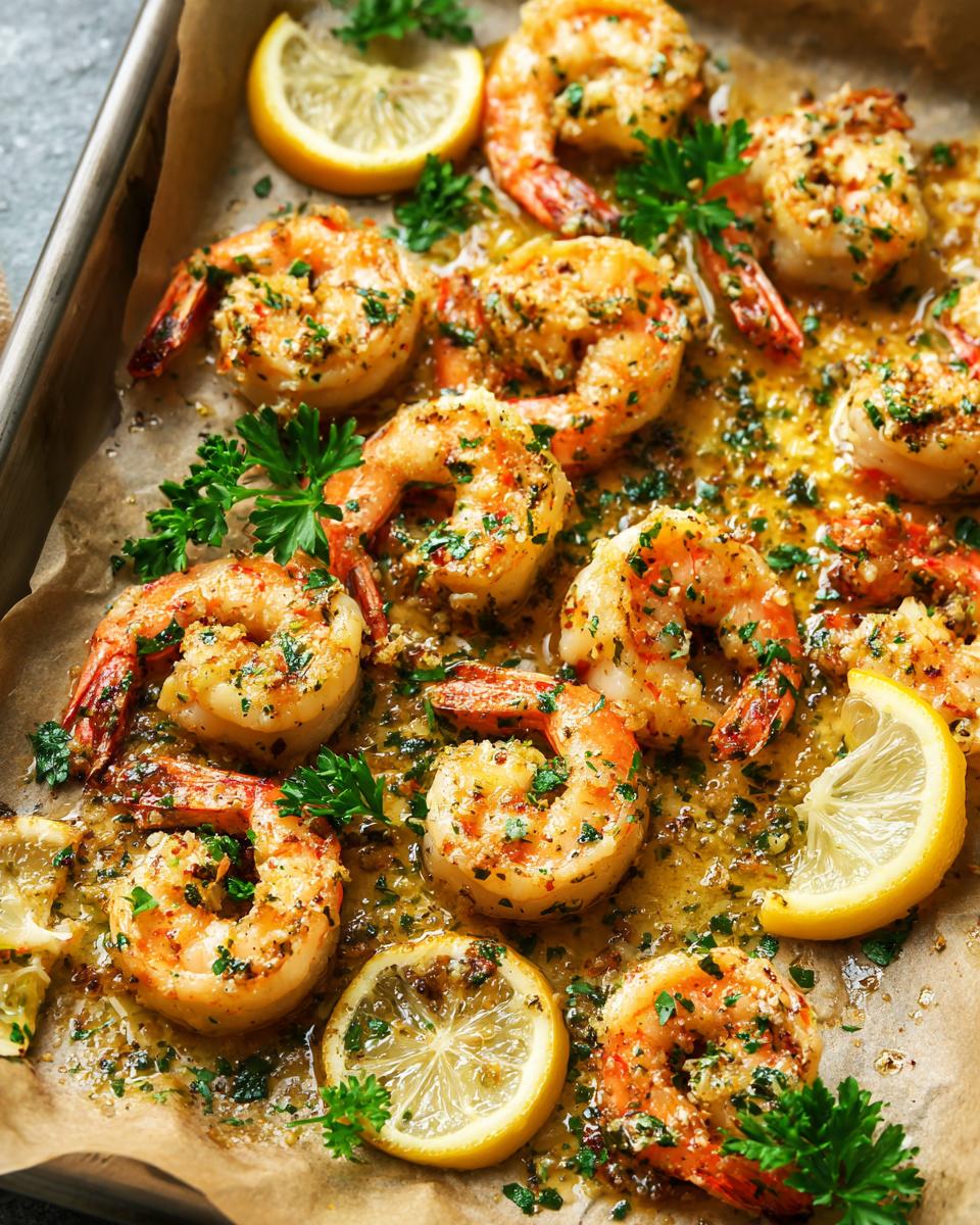Close-up of Baked Garlic Butter Shrimp Sheet Pan, glistening with butter, herbs, and lemon slices on parchment paper.