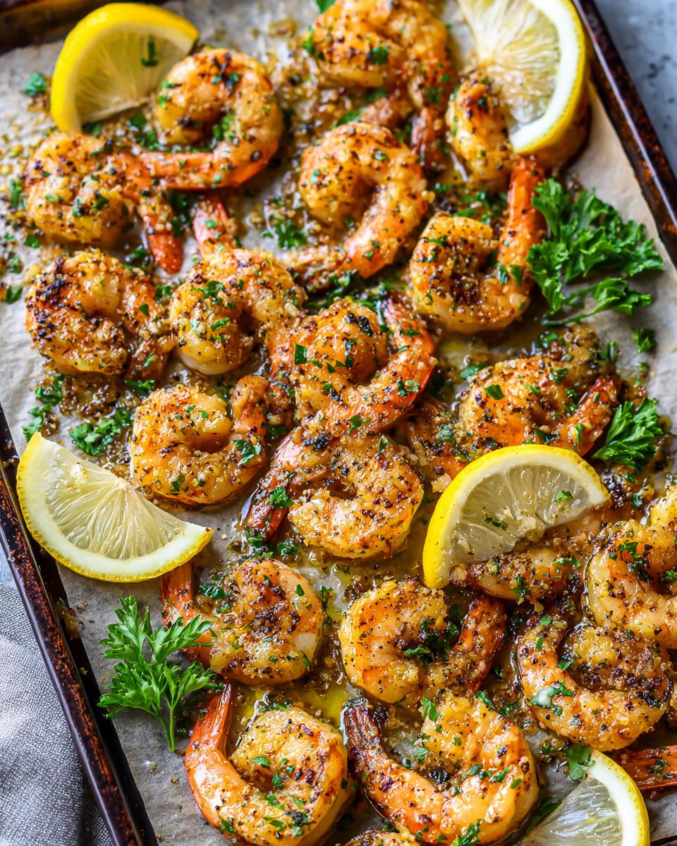 Close-up of a sheet pan filled with perfectly cooked Baked Garlic Butter Shrimp, garnished with fresh parsley and lemon wedges.