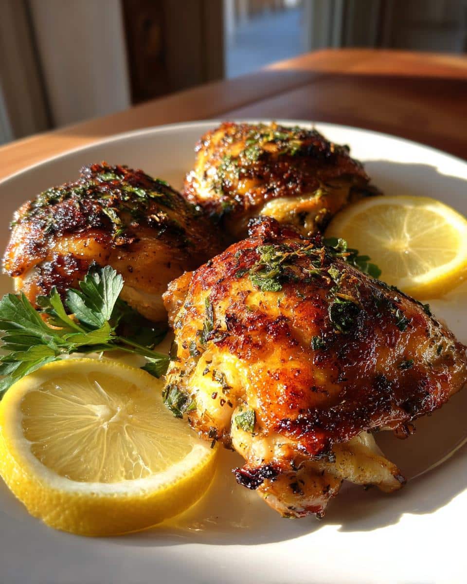 Three golden brown Baked Lemon Herb Chicken Thighs garnished with fresh parsley and lemon slices on a white plate.