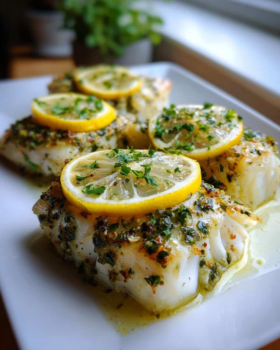 Easy Baked Lemon Herb Cod Fillets in 25 Minutes 2 Close-up of perfectly cooked Baked Lemon Herb Cod Fillets, garnished with fresh lemon slices and chopped parsley.