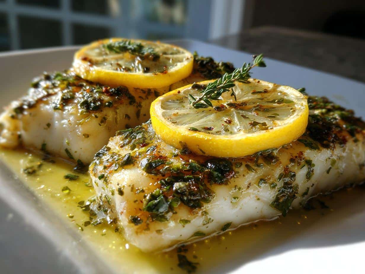 Easy Baked Lemon Herb Cod Fillets in 25 Minutes 1 Two beautifully cooked Baked Lemon Herb Cod Fillets on a white plate, garnished with fresh lemon slices and a sprig of thyme.