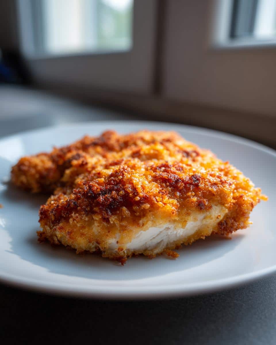 Close-up of a piece of Baked Parmesan Crusted Chicken on a white plate, showing the crispy golden-brown coating.