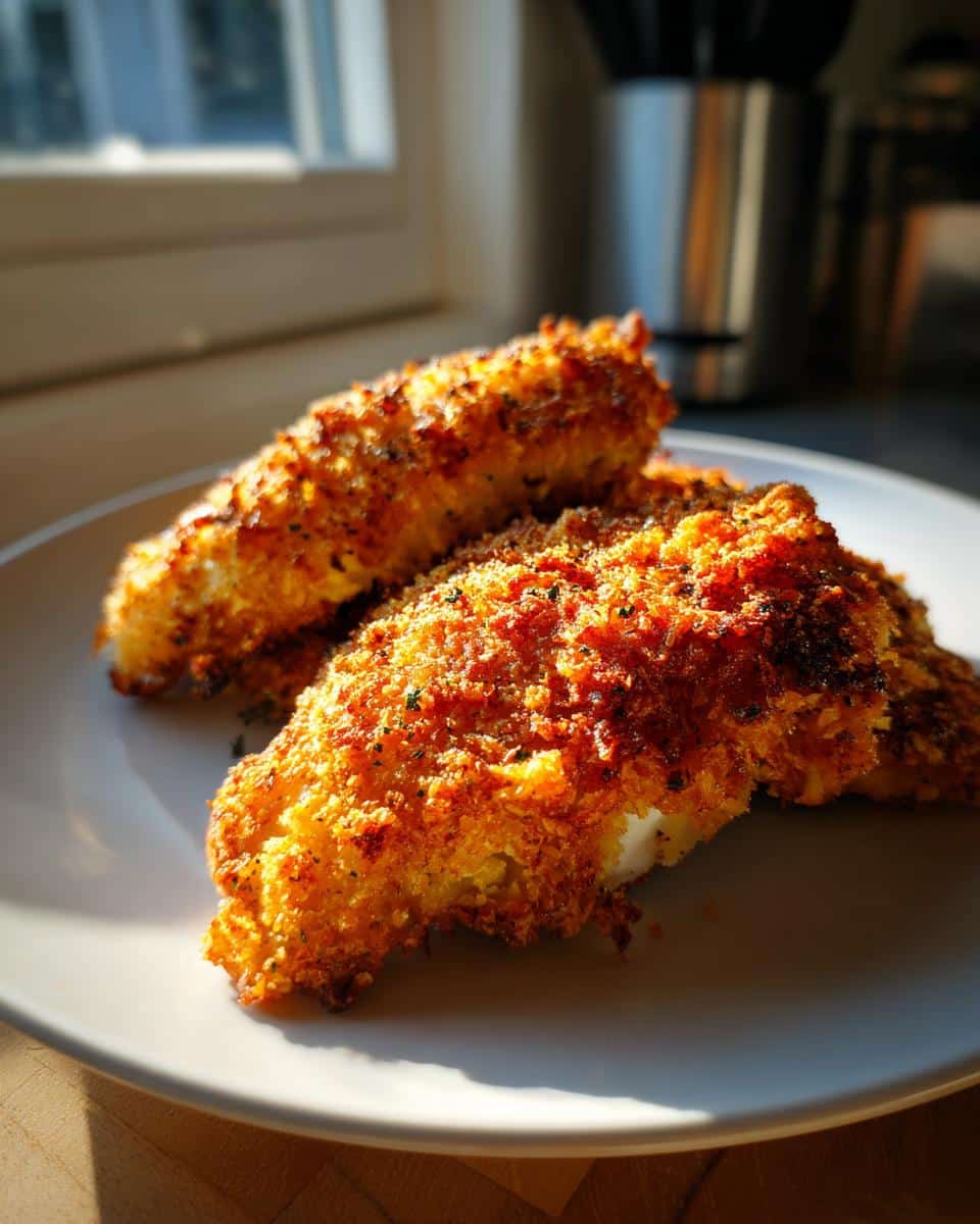 Close-up of two pieces of golden brown Baked Parmesan Crusted Chicken on a white plate, with sunlight shining on them.