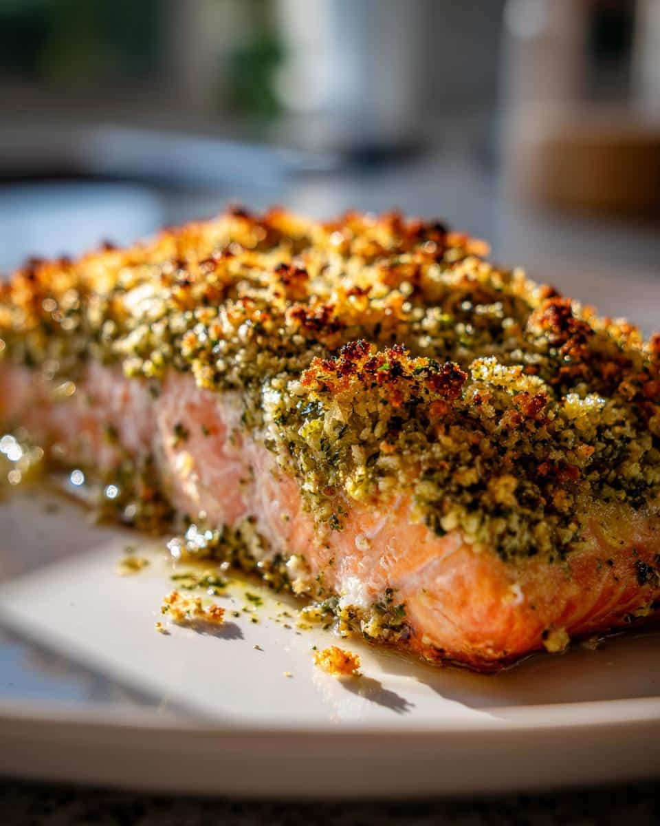 Close-up of a perfectly baked Pesto Crusted Salmon fillet on a white plate, showing the crispy golden-brown crust.