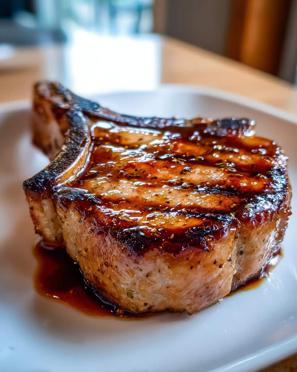 Close-up of a glistening Balsamic Herb Pork Chop with grill marks and a rich sauce on a white plate.