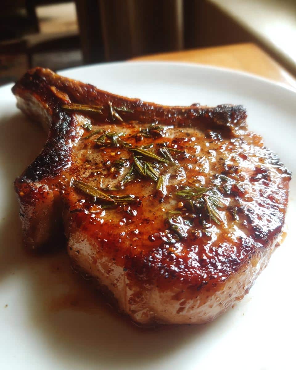 Close-up of a juicy, glazed Balsamic Herb Pork Chop on a white plate, garnished with fresh rosemary.