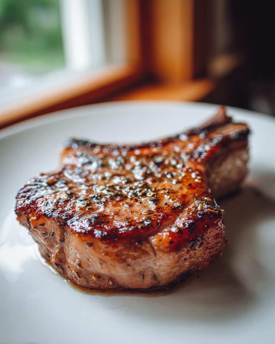 Close-up of a perfectly cooked Balsamic Herb Pork Chop on a white plate, showing a golden-brown crust and glistening herbs.