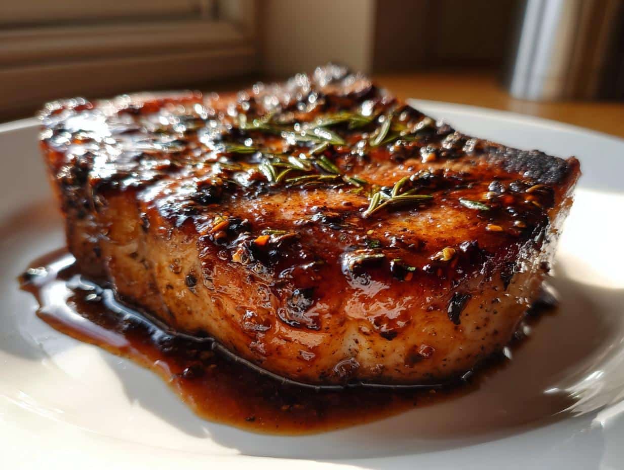 Close-up of a perfectly cooked Balsamic Herb Pork Chop, glistening with sauce and garnished with fresh rosemary, on a white plate.