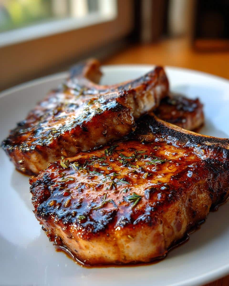 Three glistening Balsamic Herb Pork Chops on a white plate, topped with fresh herbs and a rich glaze.