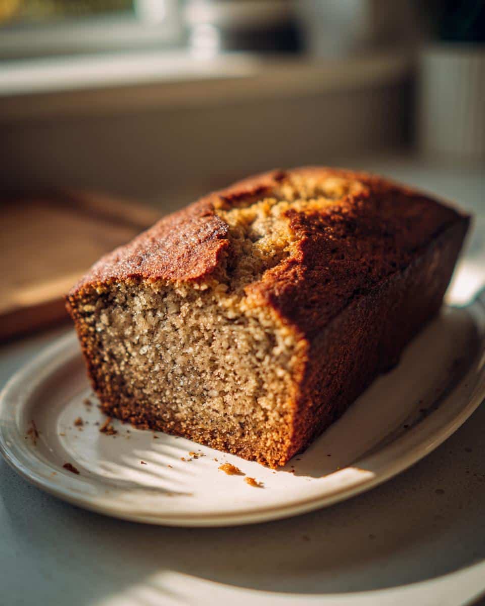 A warm, golden-brown loaf of Best Banana Bread Recipe (Moist!) on a white plate, showing its soft, moist interior.