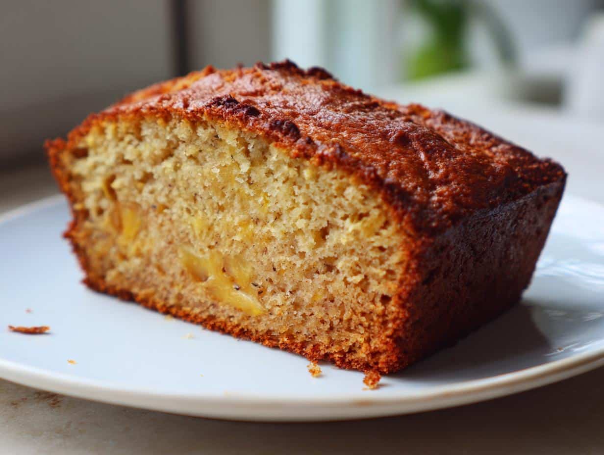 A close-up of a golden-brown slice of the Best Banana Bread Recipe (Moist!) on a white plate, showing the moist texture and banana pieces.
