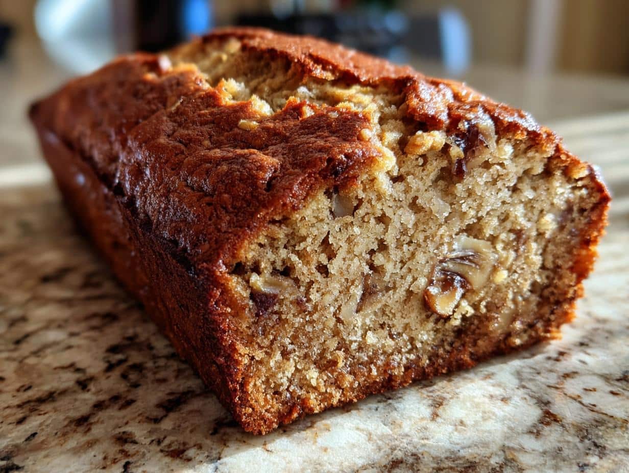 A close-up of a freshly baked loaf of the Best Banana Bread Recipe with Ripe Bananas, showing its golden-brown crust and moist interior with nuts.