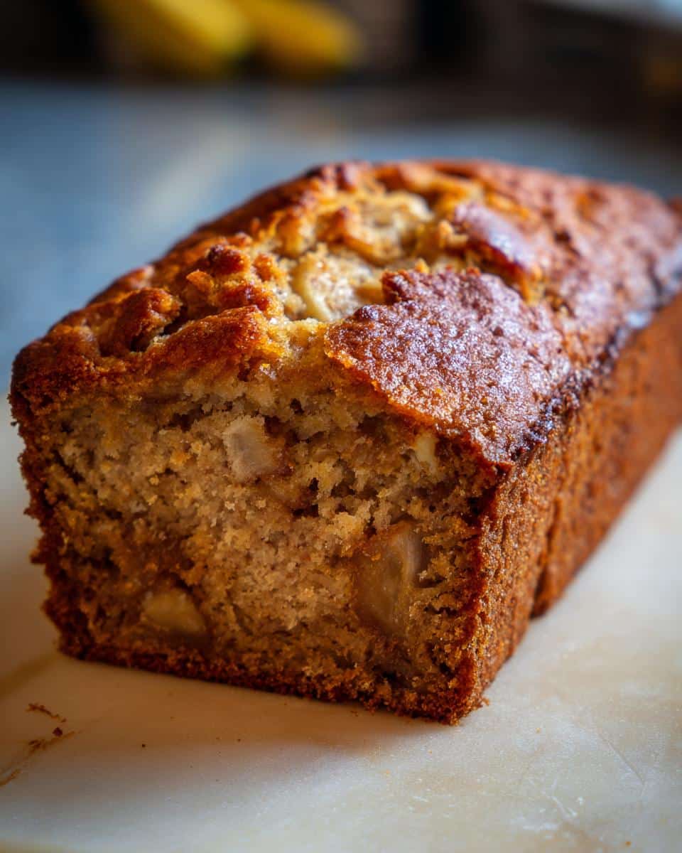 Close-up of a freshly baked loaf of Best Banana Bread Recipe with Ripe Bananas, showing its golden-brown crust and moist interior.