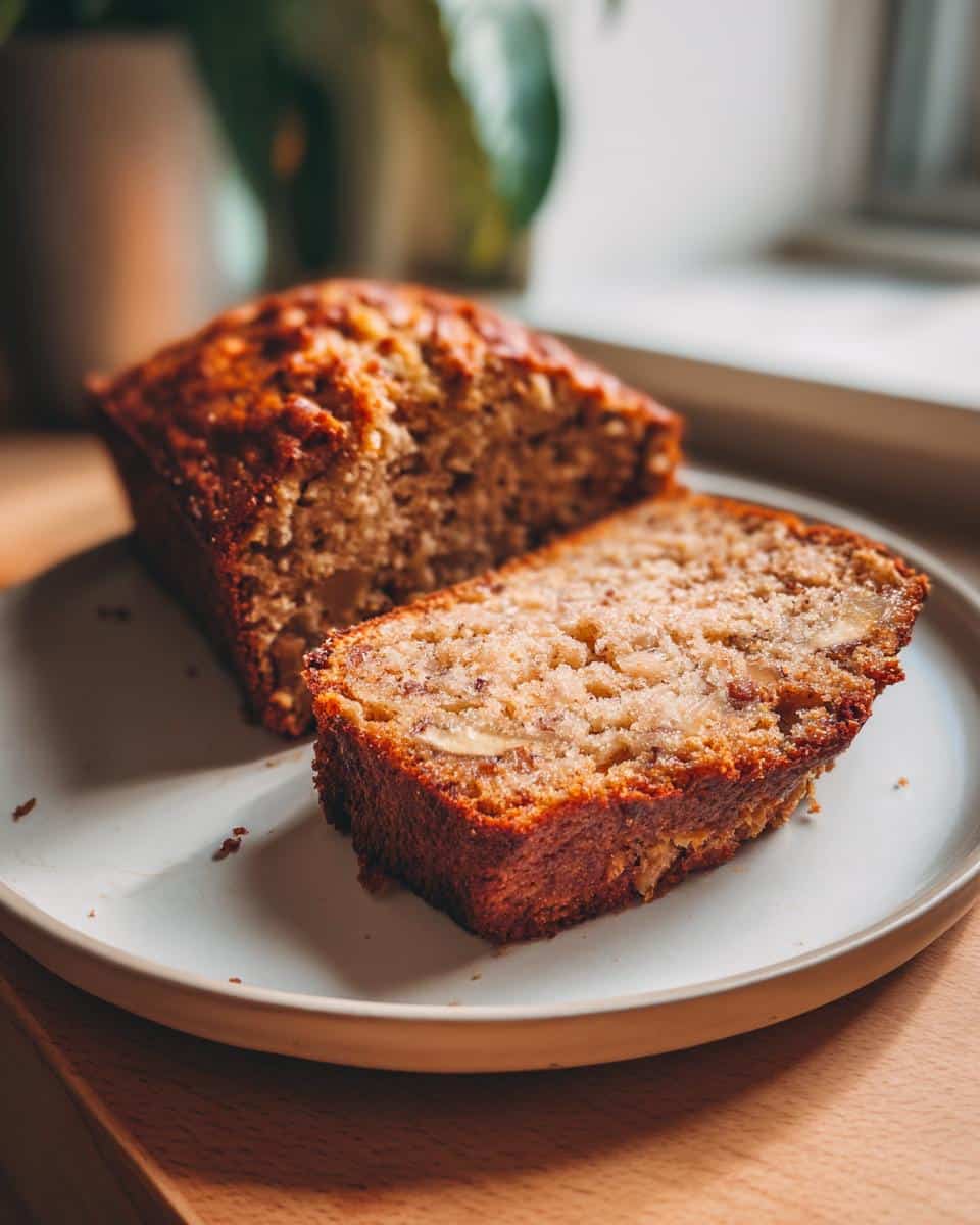 A close-up of a loaf of Best Banana Bread Recipe with a slice cut and placed on a white plate, showing its moist texture.