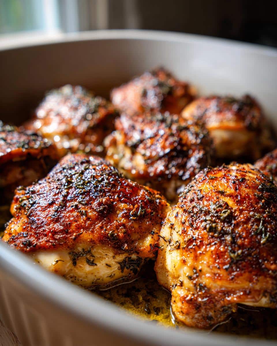Best Ever Baked Chicken from Scratch in Just 30 Minutes 3 Close-up of golden brown, herb-crusted Best Ever Baked Chicken thighs in a baking dish, glistening with juices.