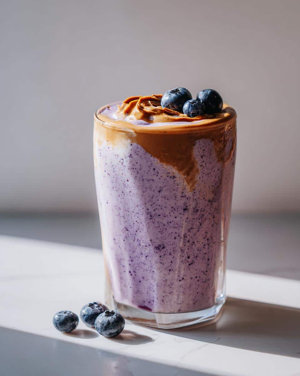 A tall glass of purple Blueberry Almond Smoothie with a peanut butter swirl and fresh blueberries on top, with more berries scattered on the counter.