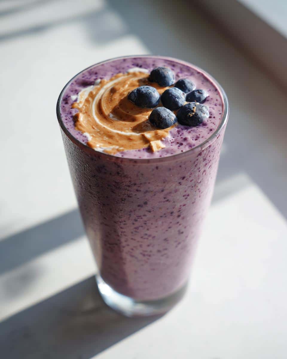 A vibrant purple Blueberry Almond Smoothie in a tall glass, topped with a peanut butter swirl and fresh blueberries.