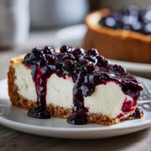 A close-up of a slice of creamy Blueberry Compote Cheesecake on a white plate, topped with rich blueberry compote.