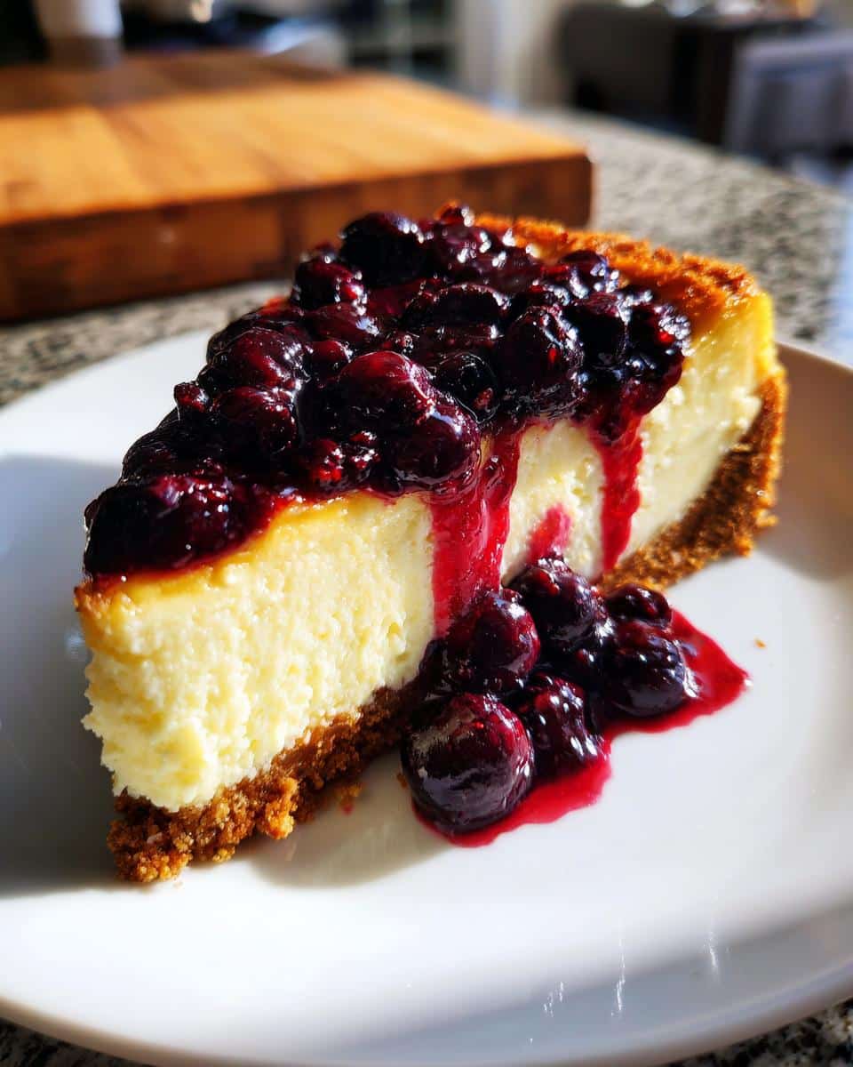 A close-up of a single slice of creamy Blueberry Compote Cheesecake on a white plate, topped with rich blueberry compote.