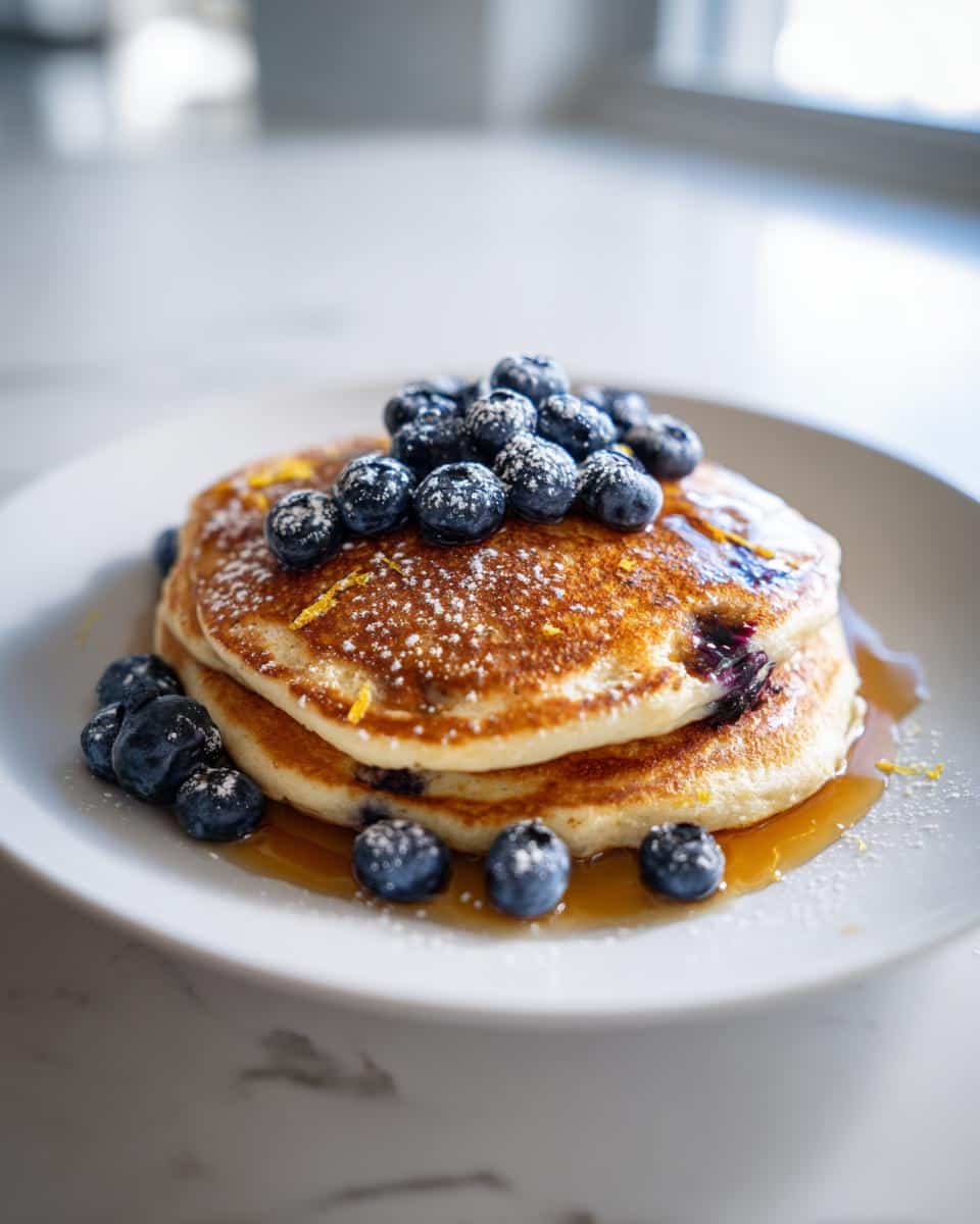 A close-up of a stack of fluffy Blueberry Lemon Pancakes topped with fresh blueberries, lemon zest, powdered sugar, and maple syrup.