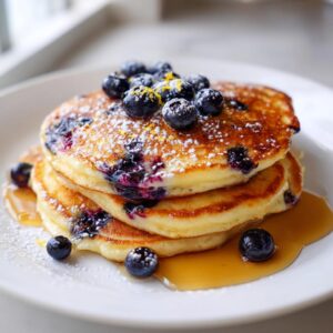 A close-up of a stack of fluffy Blueberry Lemon Pancakes drizzled with maple syrup, topped with fresh blueberries and lemon zest.