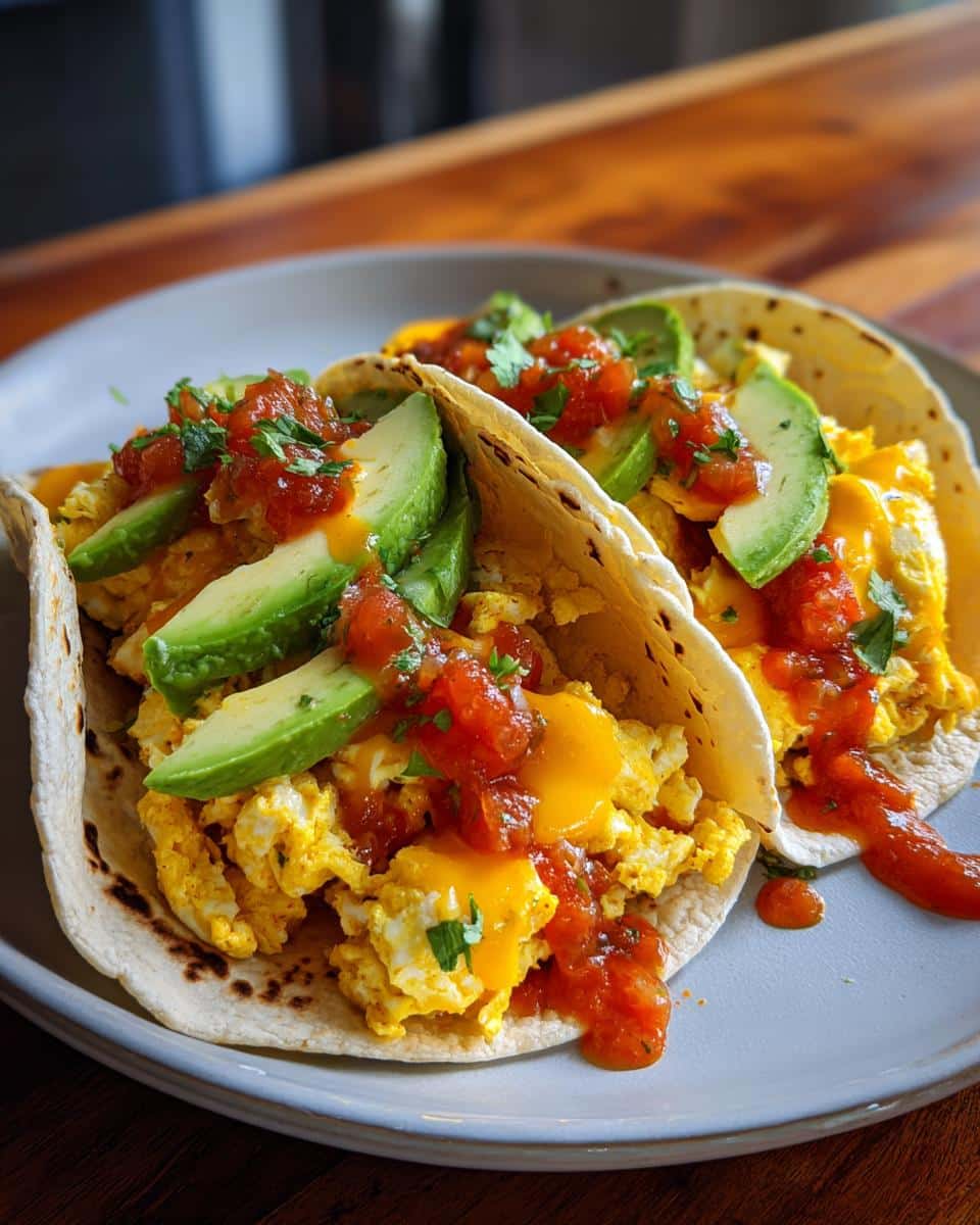 Two Breakfast Egg Tacos on a plate, filled with scrambled eggs, melted cheese, avocado slices, and fresh salsa.