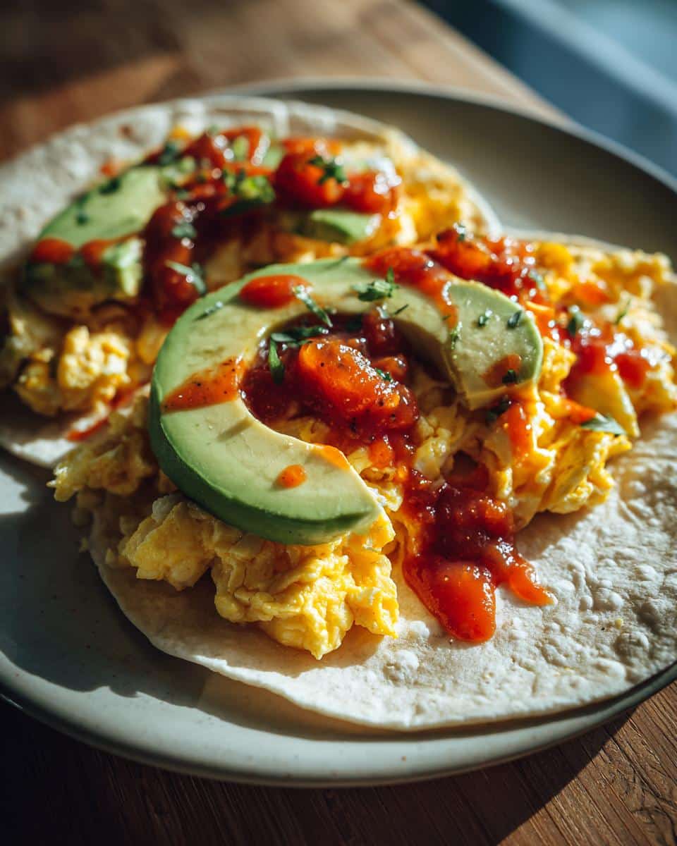 Close-up of two Breakfast Egg Tacos on a plate, topped with scrambled eggs, sliced avocado, and red salsa, garnished with herbs.