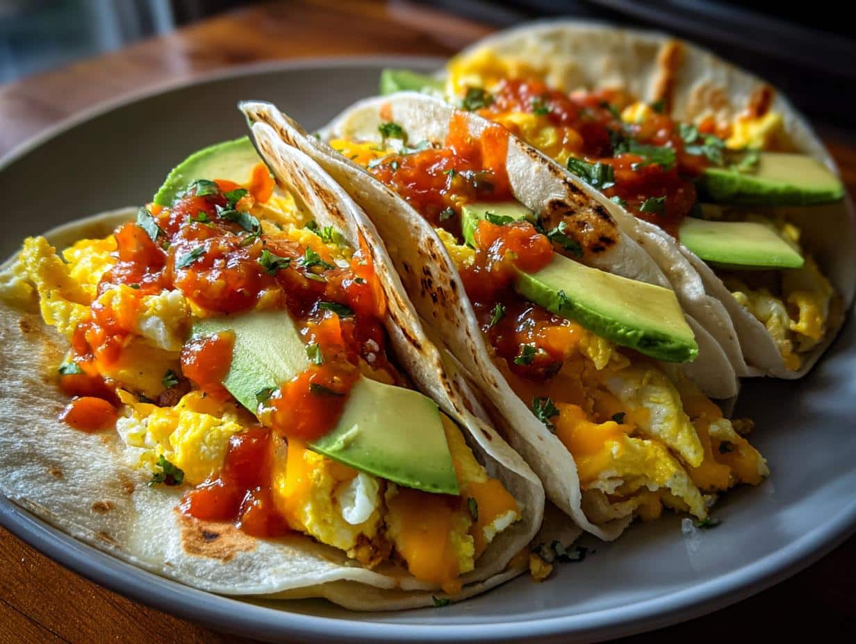 A close-up of three Breakfast Egg Tacos filled with scrambled eggs, avocado slices, salsa, and fresh herbs on a gray plate.