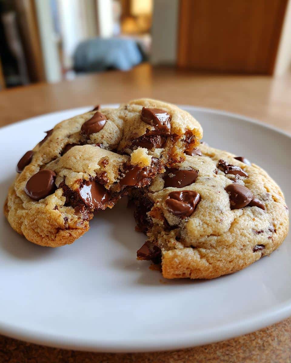 A broken Thick and Gooey Two-Chip Chocolate Chip Cookie on a white plate, revealing its soft, melted chocolate interior.