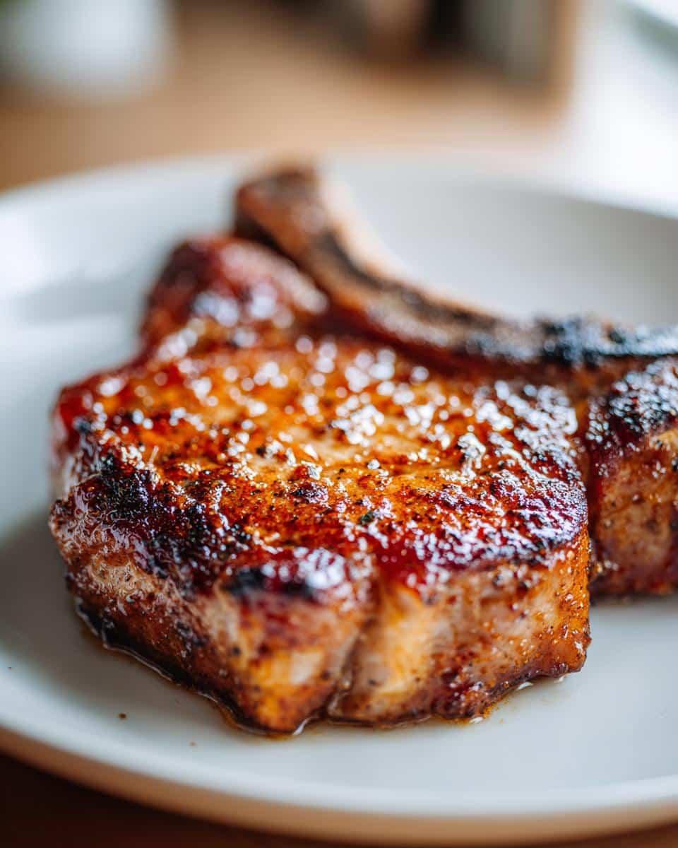 Close-up of a golden-brown, seared Brown Sugar Spice Pork Chop on a white plate, glistening with juices.