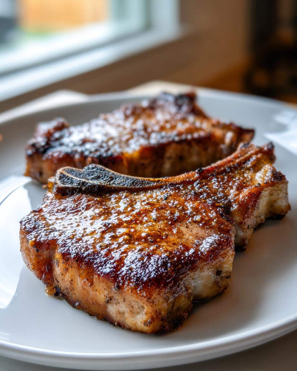 Two perfectly cooked Brown Sugar Spice Pork Chops with a glistening glaze on a white plate, ready to serve.