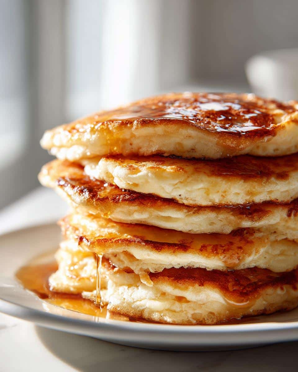 Close-up of a stack of golden-brown Brunch Pancakes at Home, dripping with maple syrup on a white plate.