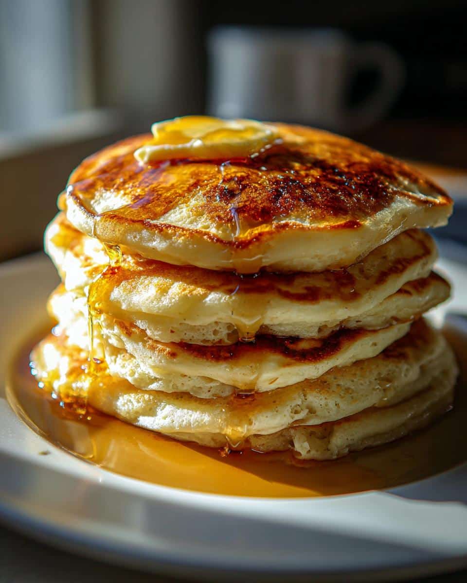 A tall stack of golden-brown Buttermilk Pancakes with Butter and maple syrup drizzling down the sides.