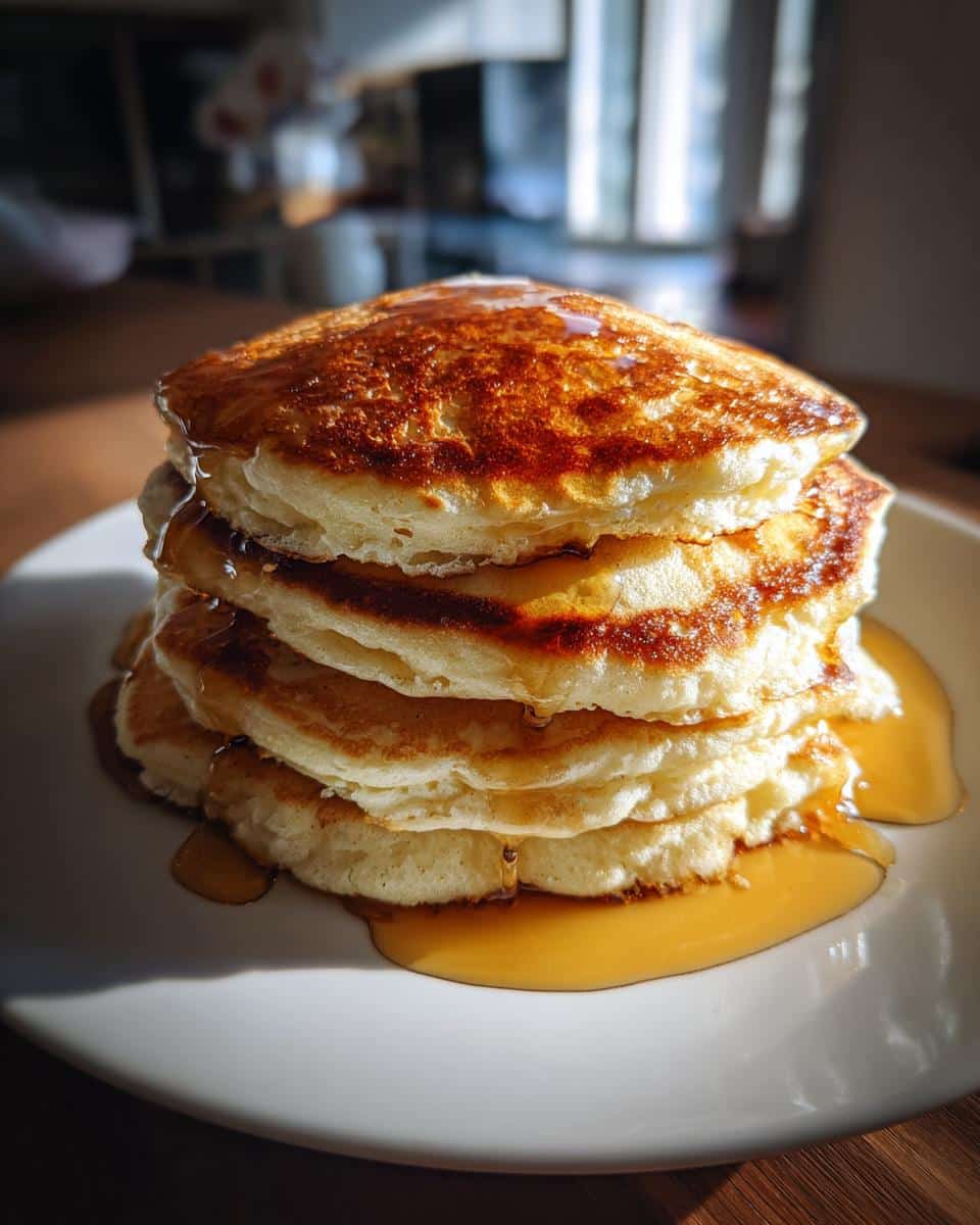 A tall stack of golden-brown Buttermilk Pancakes with Butter, generously drizzled with maple syrup on a white plate.