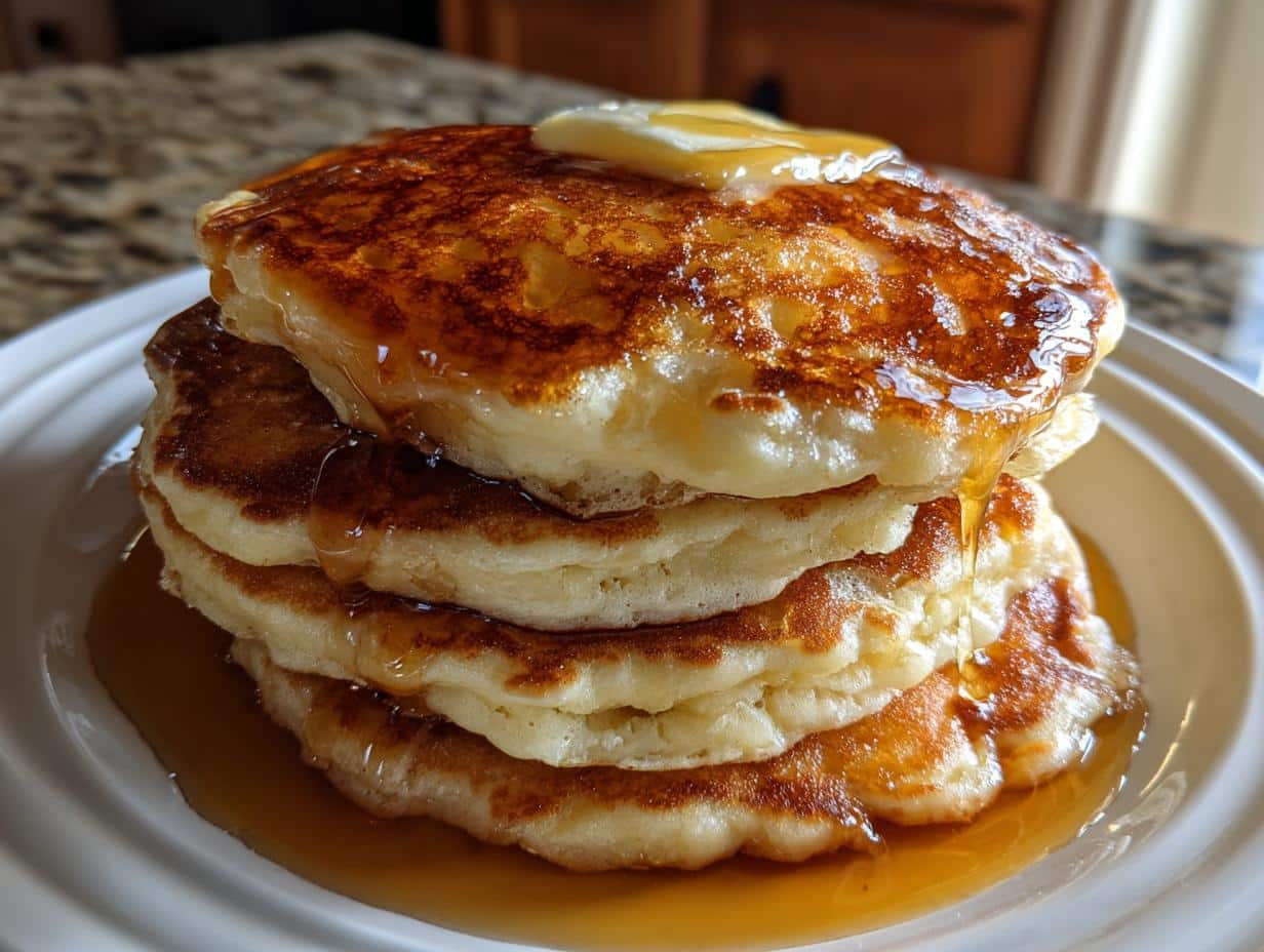 A tall stack of golden-brown Buttermilk Pancakes with Butter melting on top, drizzled generously with maple syrup.