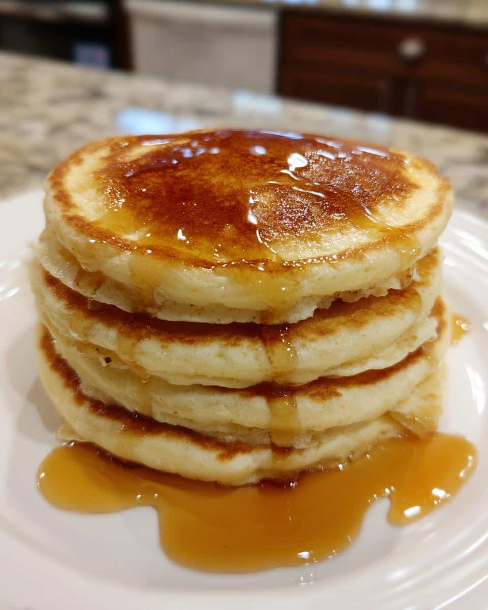 A tall stack of golden-brown Buttermilk Pancakes with Butter, generously drizzled with maple syrup on a white plate.