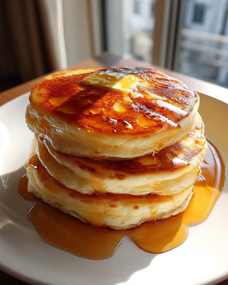 A tall stack of golden brown Buttermilk Pancakes with Butter melting on top, drizzled generously with maple syrup.