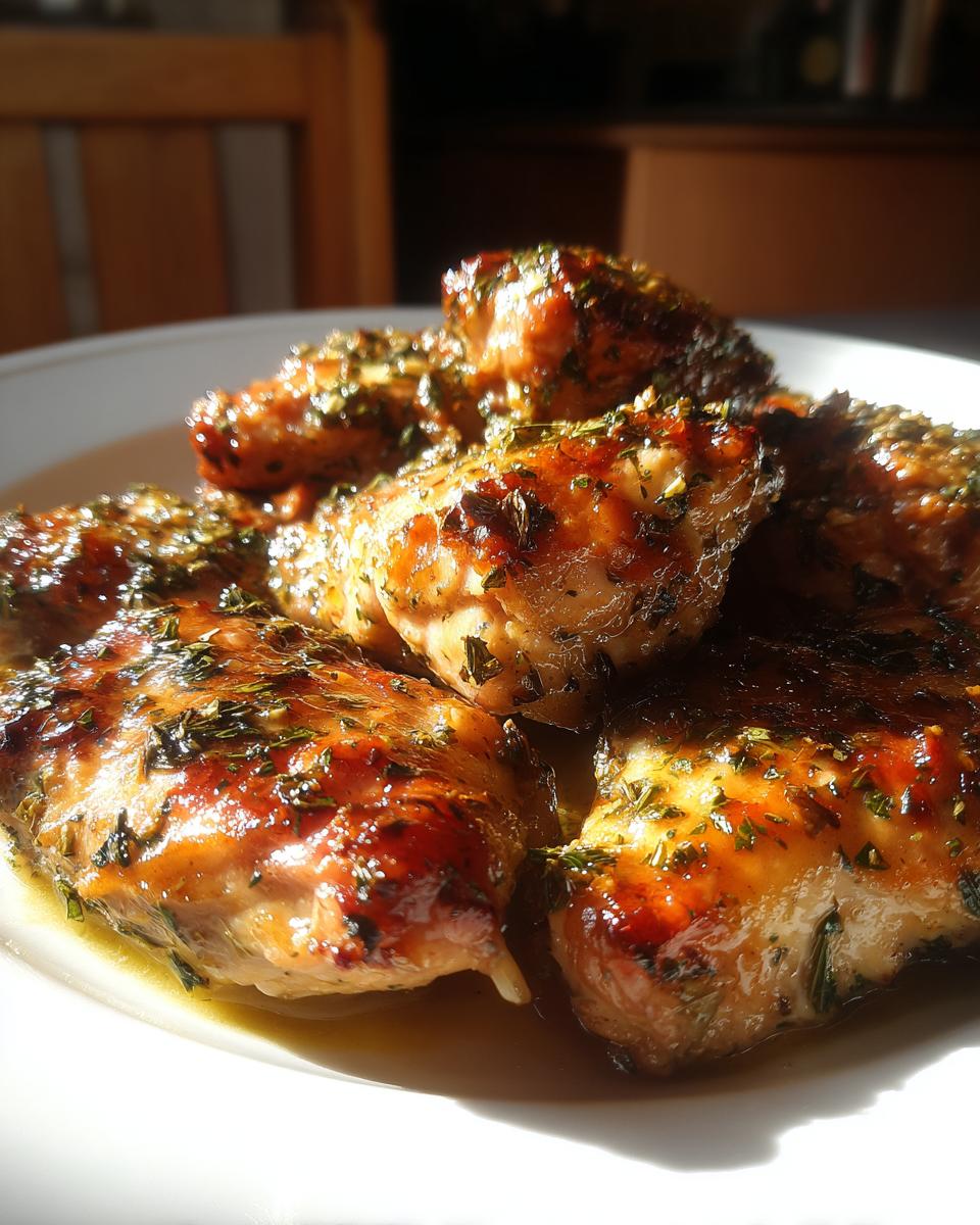 Close-up of golden brown Buttery Herb Rub Baked Chicken pieces glistening with butter and herbs on a white plate.
