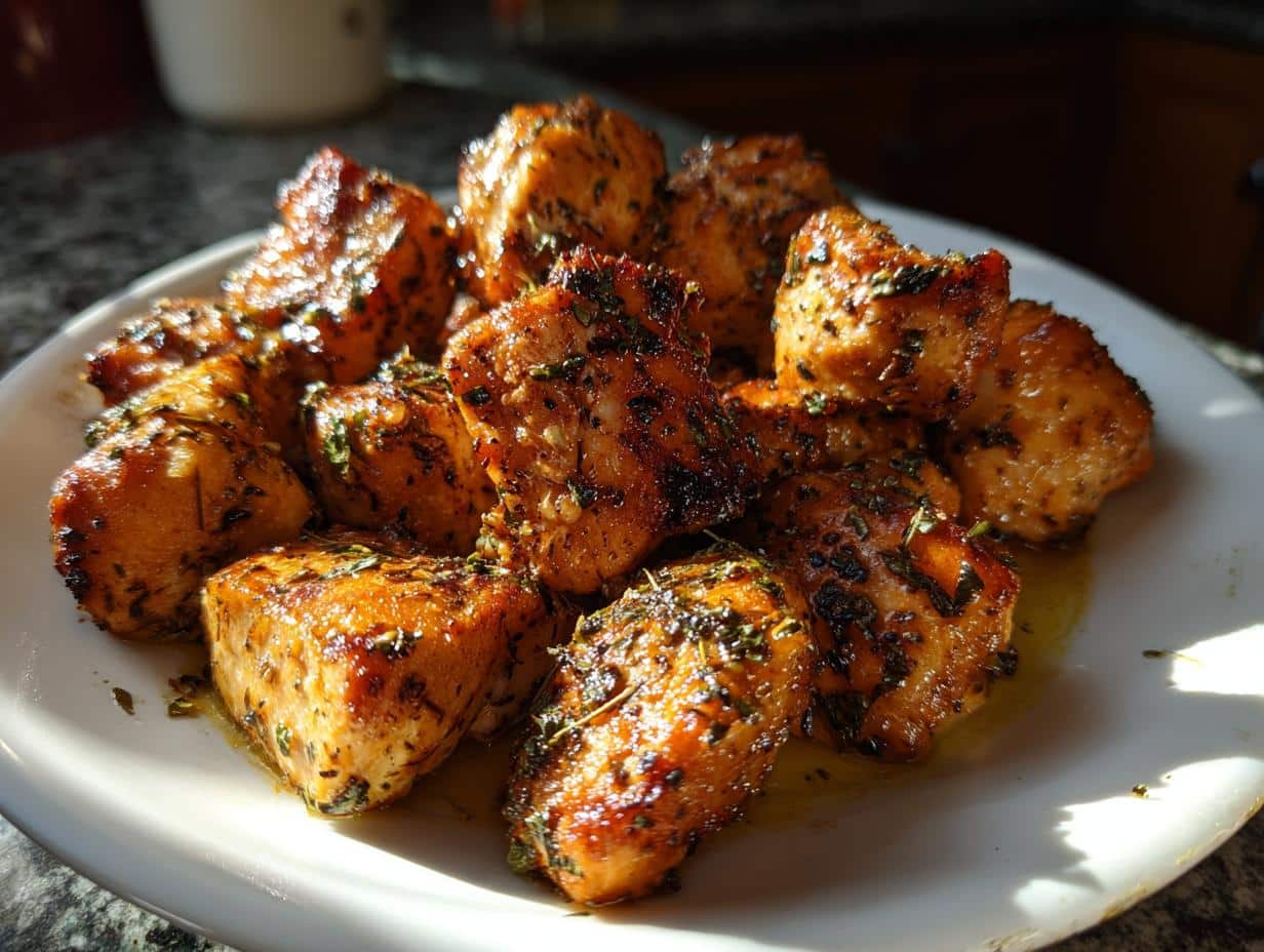 Close-up of golden brown Buttery Herb Rub Baked Chicken pieces on a white plate, glistening with herbs and butter.