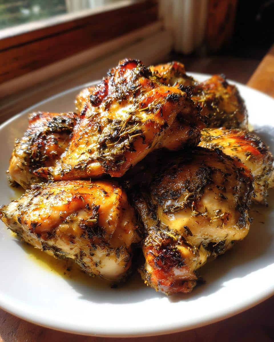 Close-up of golden-brown Buttery Herb Rub Baked Chicken pieces on a white plate, glistening with herbs.