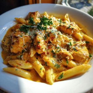 A close-up shot of a white bowl filled with Cajun Cream Sauce Chicken Pasta, garnished with fresh parsley and grated cheese.
