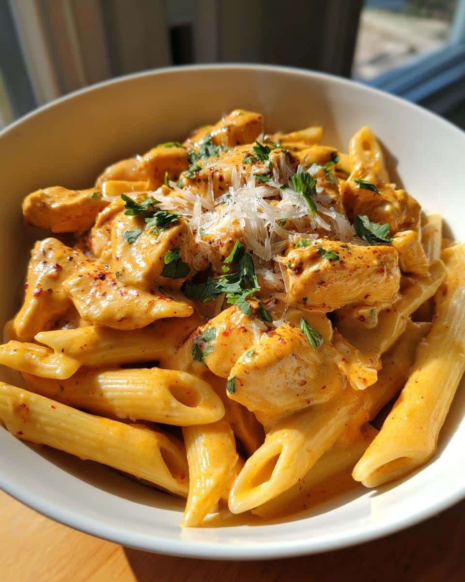 A close-up of a bowl of Cajun Cream Sauce Chicken Pasta, garnished with fresh parsley and grated cheese.