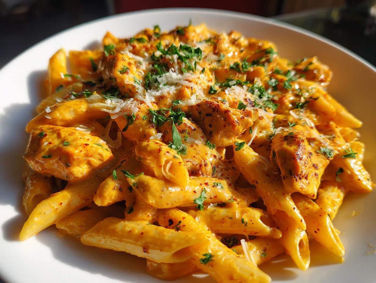A close-up shot of a white bowl filled with creamy Cajun Cream Sauce Chicken Pasta, garnished with fresh parsley and grated cheese.